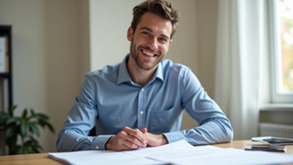 Propriétaire satisfait ayant compris sa facture de charges avec documents organisés sur son bureau