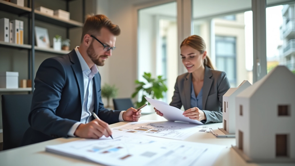 Bureau professionnel de gestion immobilière avec documents et plans de propriétés