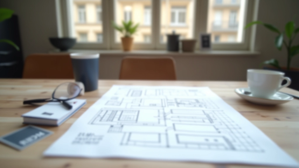 Espace de travail professionnel avec documents immobiliers et cahiers, bureau moderne avec vue urbaine